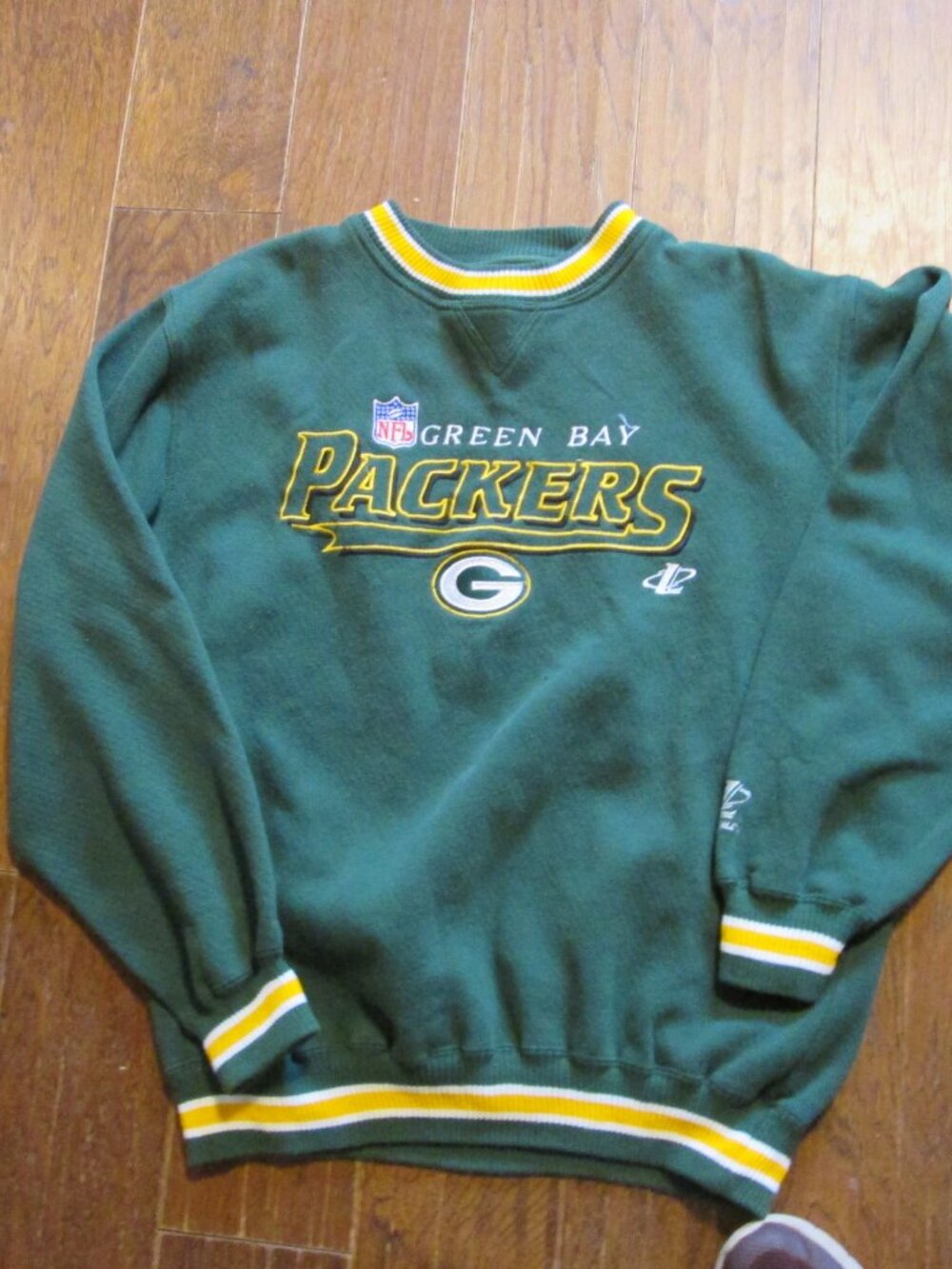 vtg large Mens Green Bay packer sweatshirt old school striped neckline cuff hem - Picture 2 of 4
